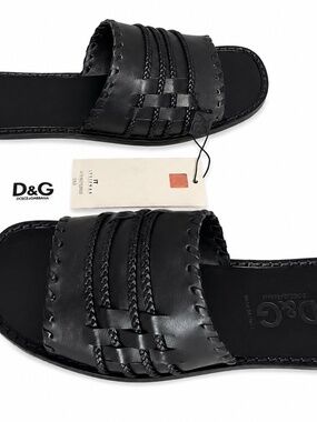 NEW Dolce & Gabbana D&G Mens Black Leather Woven Slide Sandals Italy Size 43 DOLCE & GABBANA Shoes Black Leather I Love D&G Sandals  main image 4